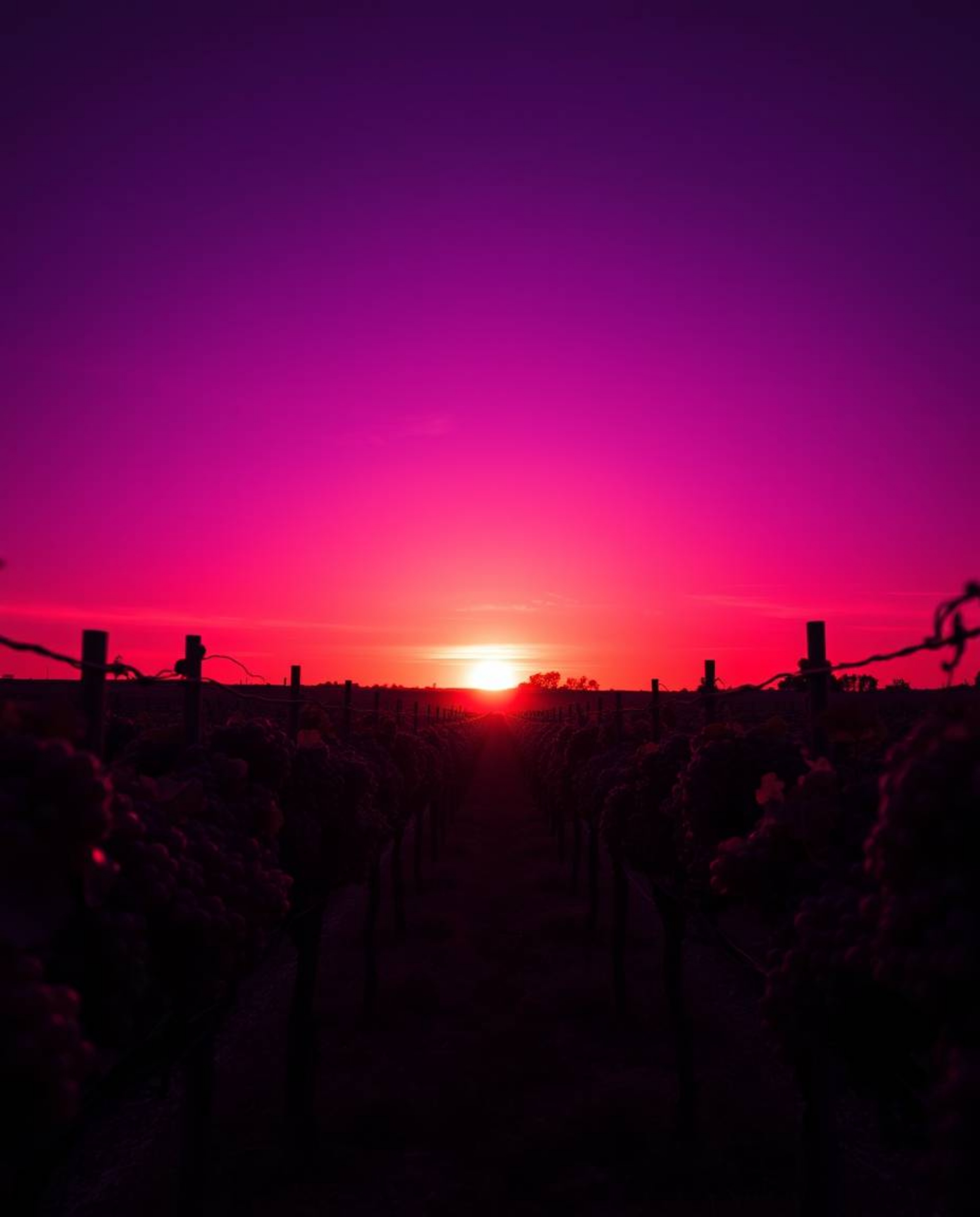 From a compelling low-angle perspective, this image captures a dramatic sunset over a vineyard. The scene is drenched in deep