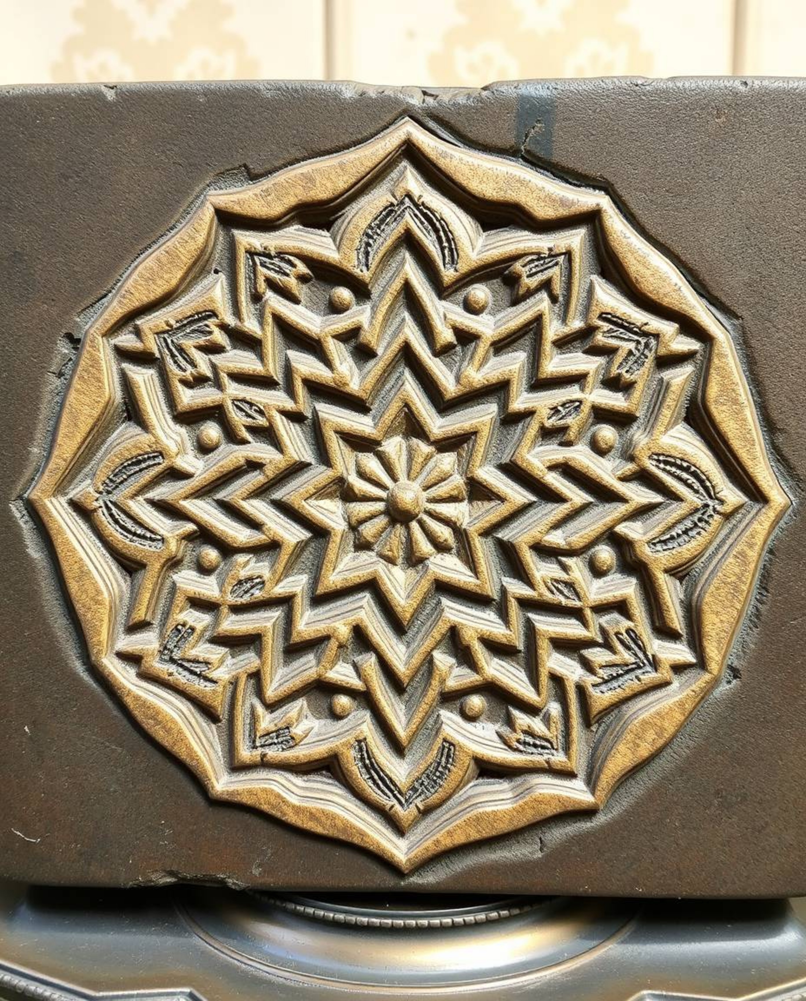 Explore the beauty of Islamic geometric patterns meticulously carved into stone and brought to life on a cast bronze surface.