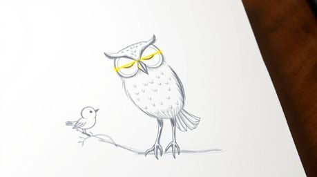 A heartwarming image of a blind owl, bathed in a sunbeam that illuminates its feathers, patiently teaching small birds how to