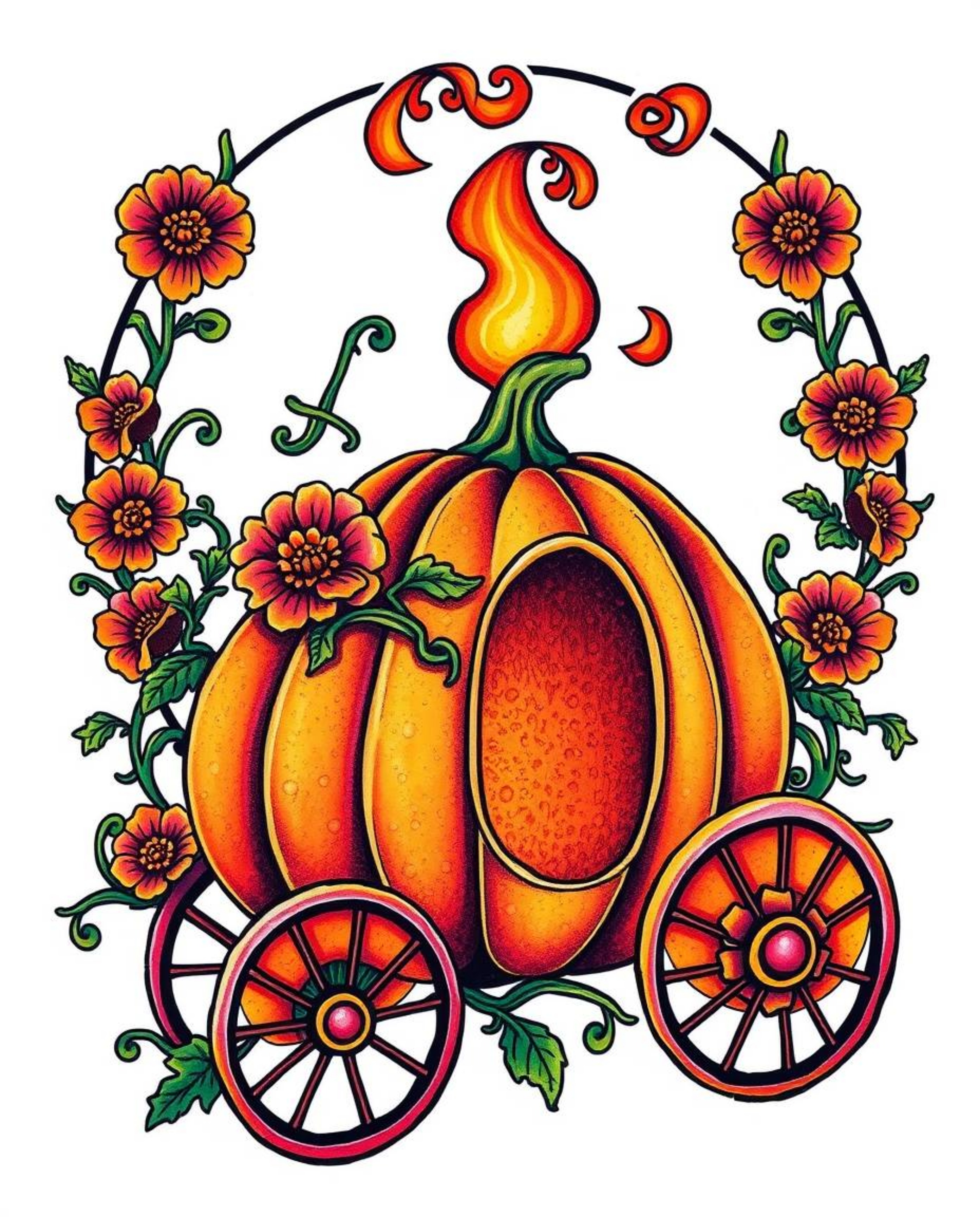 This symbolic tattoo art print showcases a magical pumpkin transforming into a carriage, bursting with vibrant colors and ret