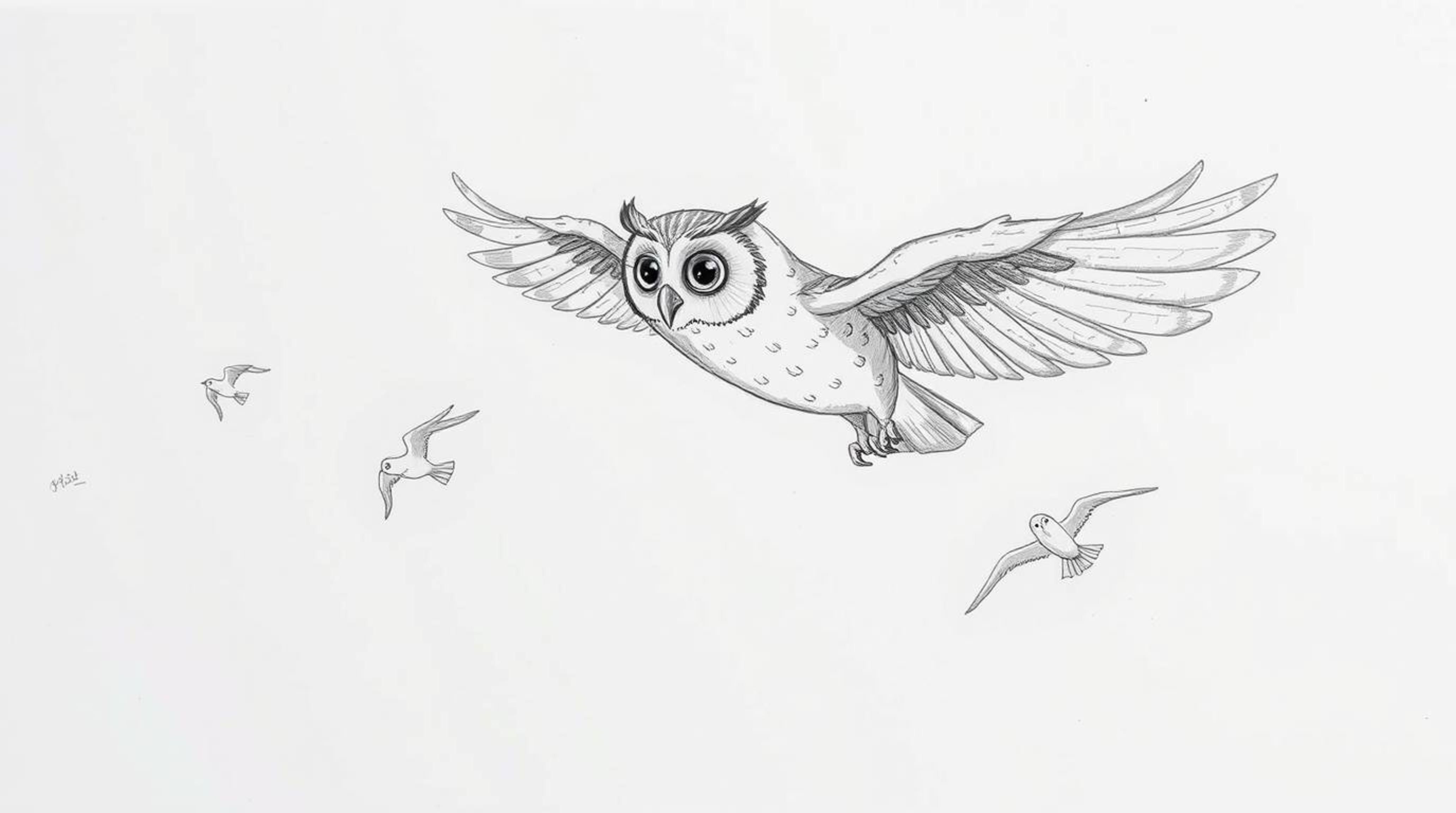A heartwarming, hand-drawn sketch in the style of Pixar depicts a blind owl, its feathery texture emphasized, teaching a floc