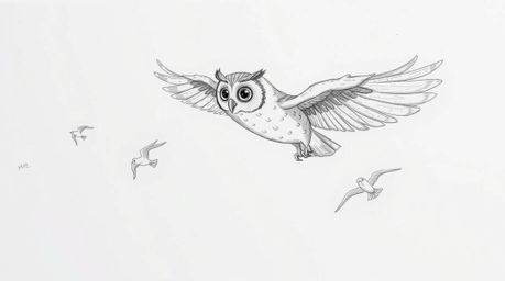 A heartwarming, hand-drawn sketch in the style of Pixar depicts a blind owl, its feathery texture emphasized, teaching a floc