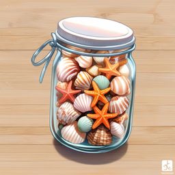 A charming collection of seashells and starfish neatly arranged in a clear glass jar, perfect for adding a touch of coastal e