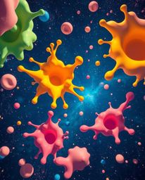 Experience a vibrant and surreal digital art piece featuring abstract 3D colorful splash shapes floating in space. Rendered i
