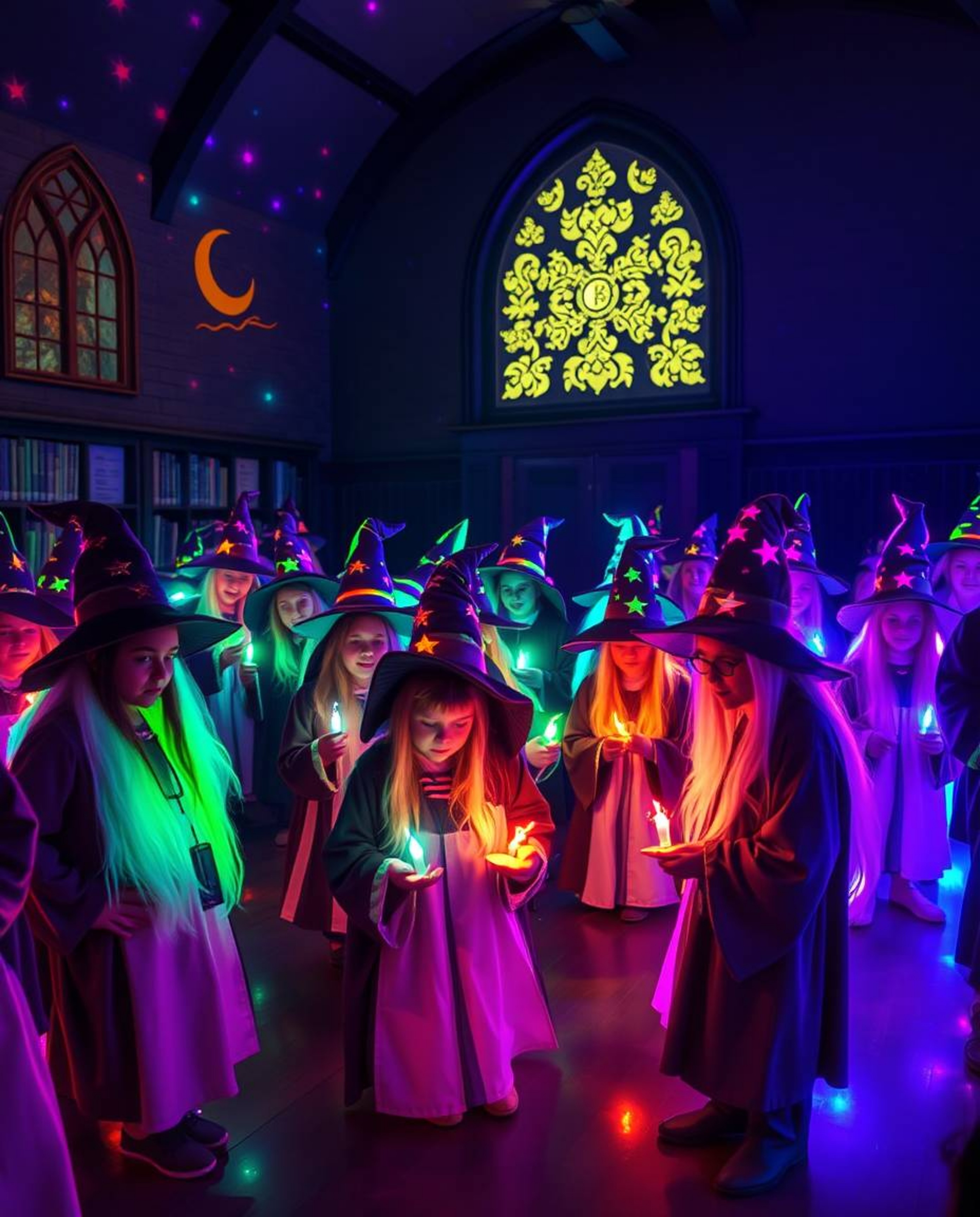 Explore a magical school teeming with young wizards, bathed in the enchanting glow of bioluminescent colors and illuminated b