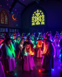 Explore a magical school teeming with young wizards, bathed in the enchanting glow of bioluminescent colors and illuminated b