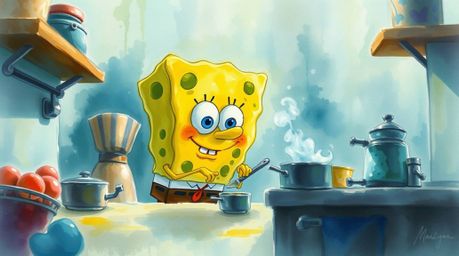 Discover a captivating watercolor painting depicting a whimsical sponge character cooking amidst an underwater kitchen.  The 