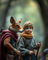 A captivating photograph showcasing a blurred bokeh effect, sharply focusing on a talking animal sidekick assisting a hero on