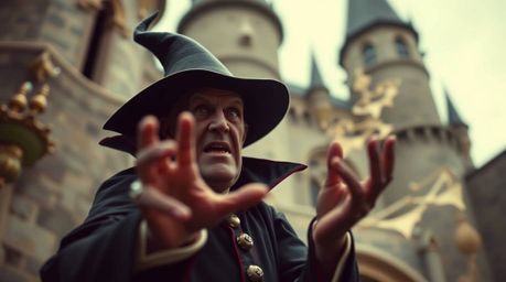 A stunning fine art photograph captures a classic Disney villain casting a spell within the atmospheric walls of an old castl