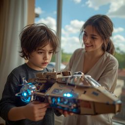 Exquisite high-fashion photography captures a young boy with messy brown hair, building an intricately designed cardboard spa