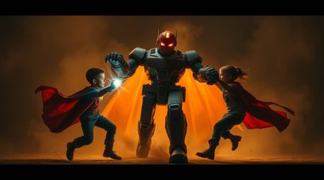 This stunning fine art photography piece captures a dynamic scene of three superpowered children battling a formidable robot.