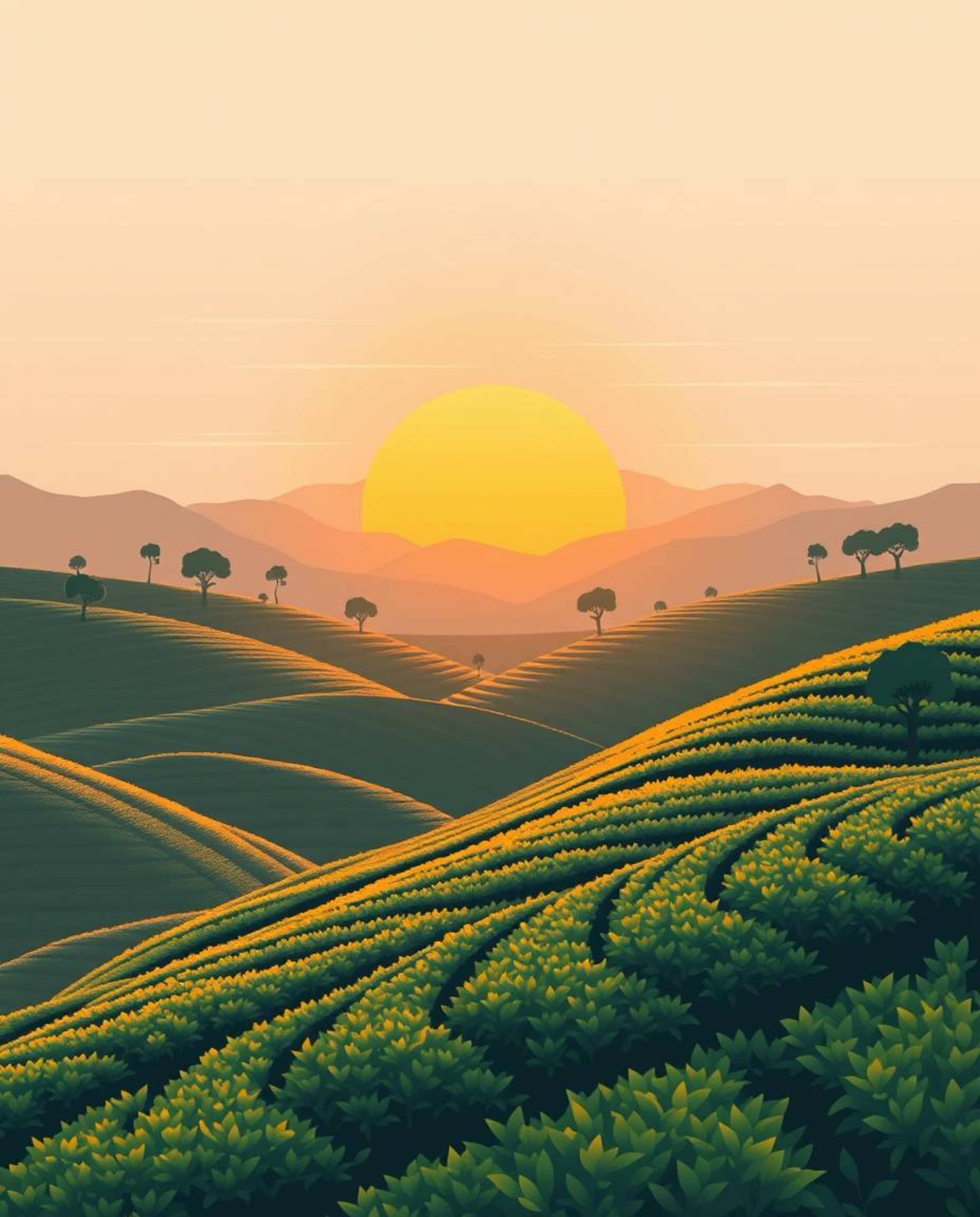 A modern flat design artwork depicting a sunset over terraced tea plantations, featuring artistic lighting, abstract patterns