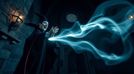 This image depicts a classic Disney villain in a long exposure photograph, captured within the aged walls of an old castle. T