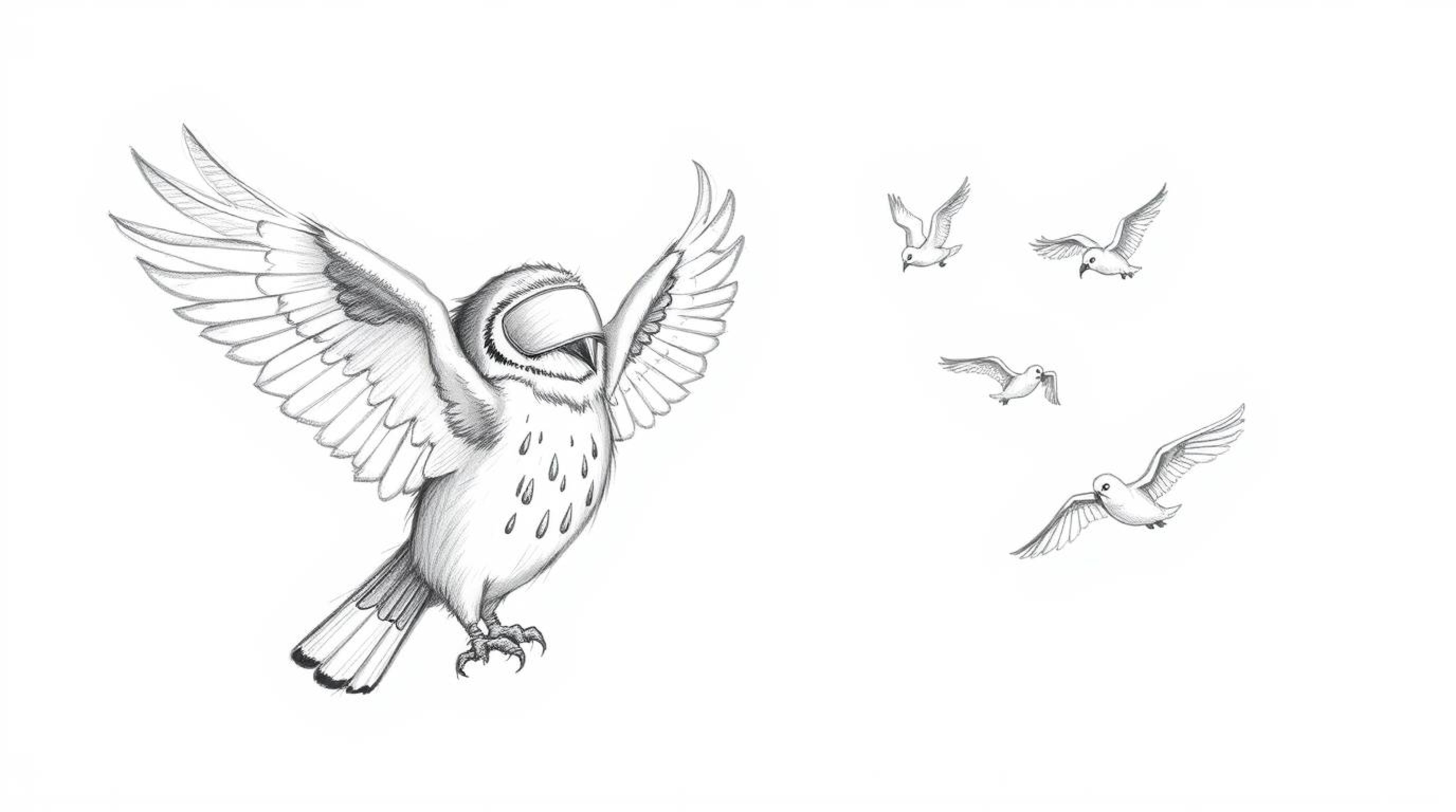 A captivating hand-drawn pencil sketch depicts a blind owl, reminiscent of Pixar's charm, guiding birds in flight. The owl's 