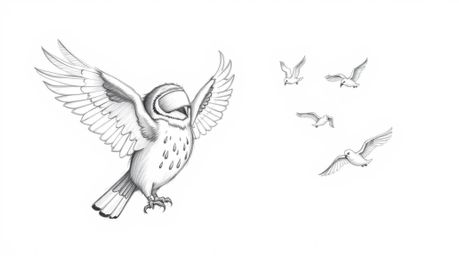 A captivating hand-drawn pencil sketch depicts a blind owl, reminiscent of Pixar's charm, guiding birds in flight. The owl's 