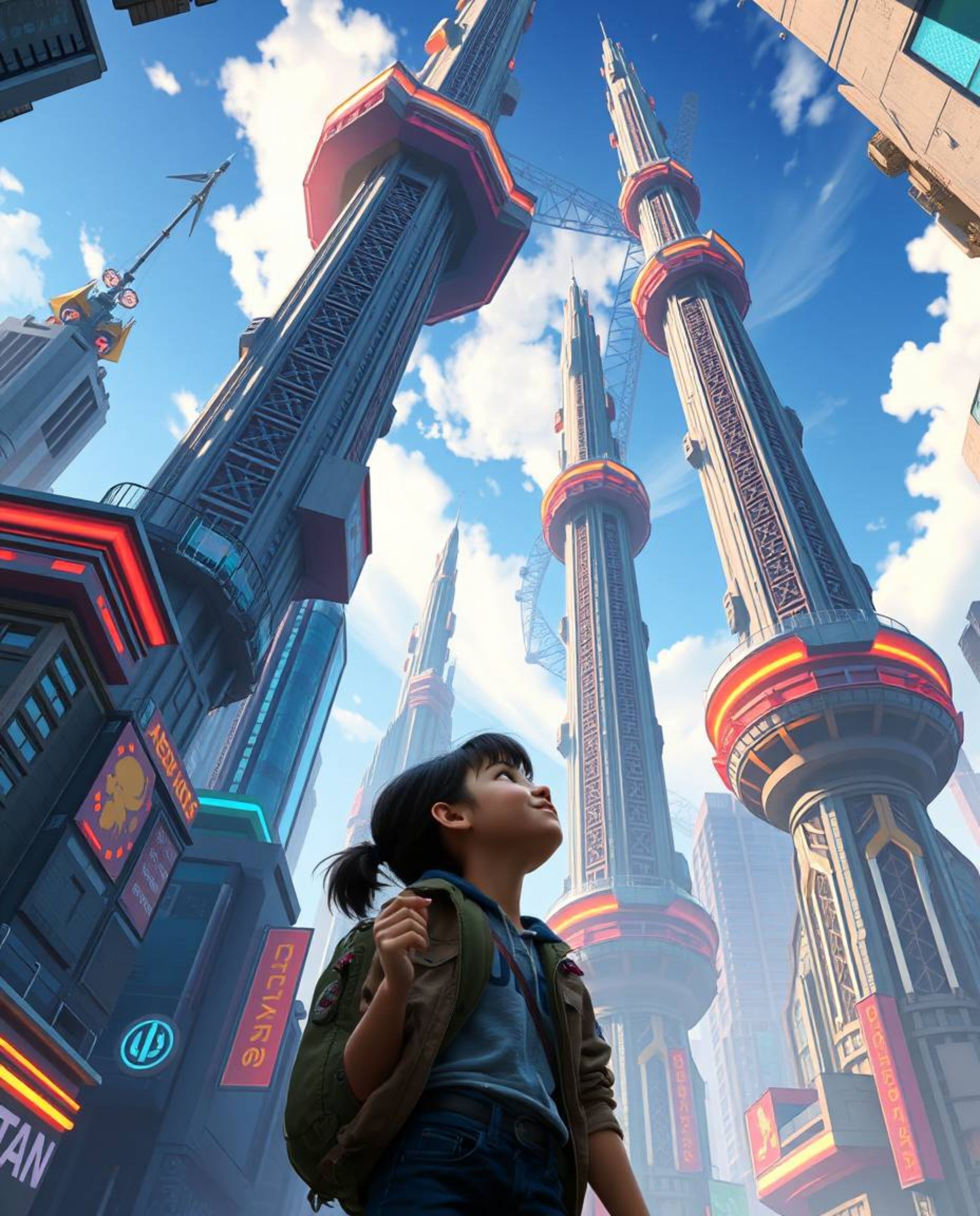 Explore a breathtaking futuristic cityscape through the eyes of a young, bright-eyed inventor girl. Rendered in a vibrant Pix
