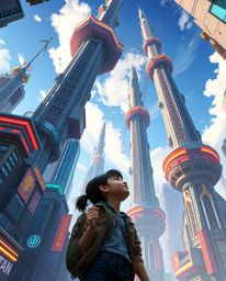 Explore a breathtaking futuristic cityscape through the eyes of a young, bright-eyed inventor girl. Rendered in a vibrant Pix