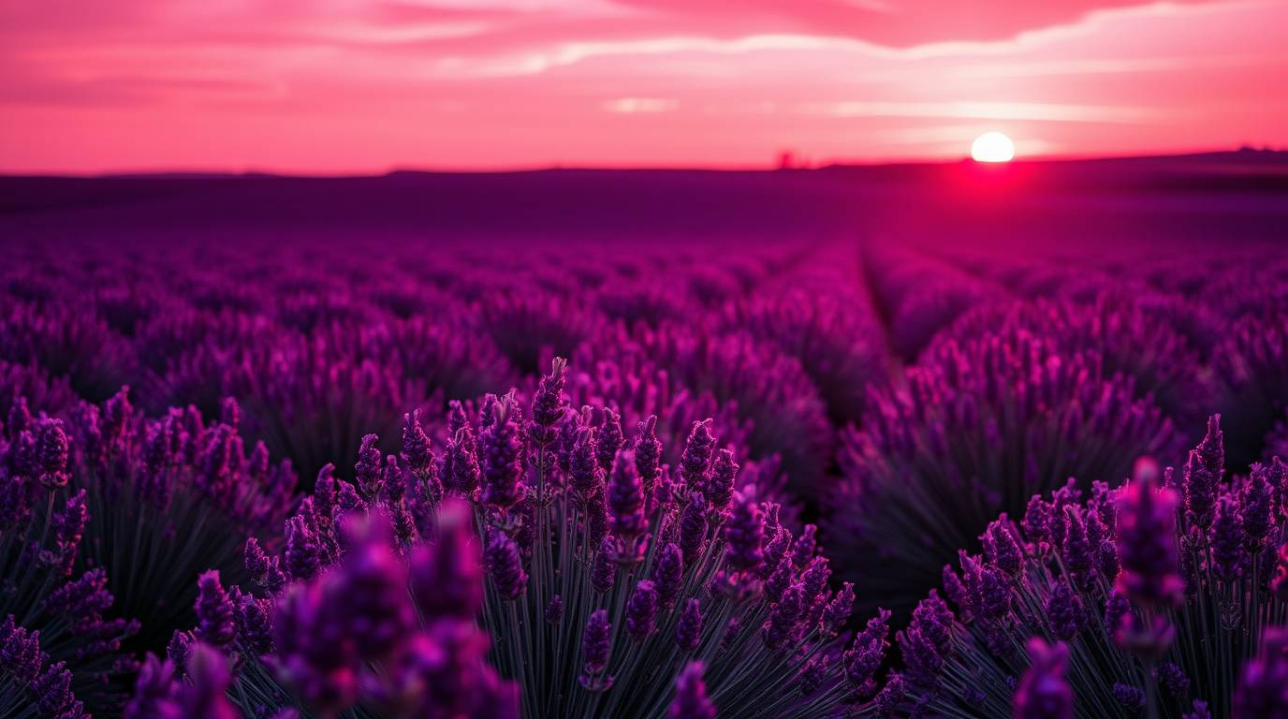 A professional photograph capturing the ethereal beauty of lavender fields bathed in the glow of a dreamy pink sky. The image