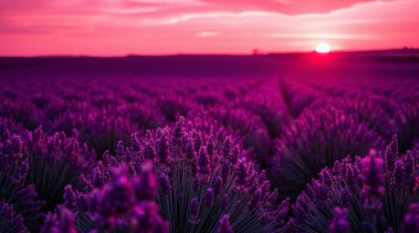 A professional photograph capturing the ethereal beauty of lavender fields bathed in the glow of a dreamy pink sky. The image