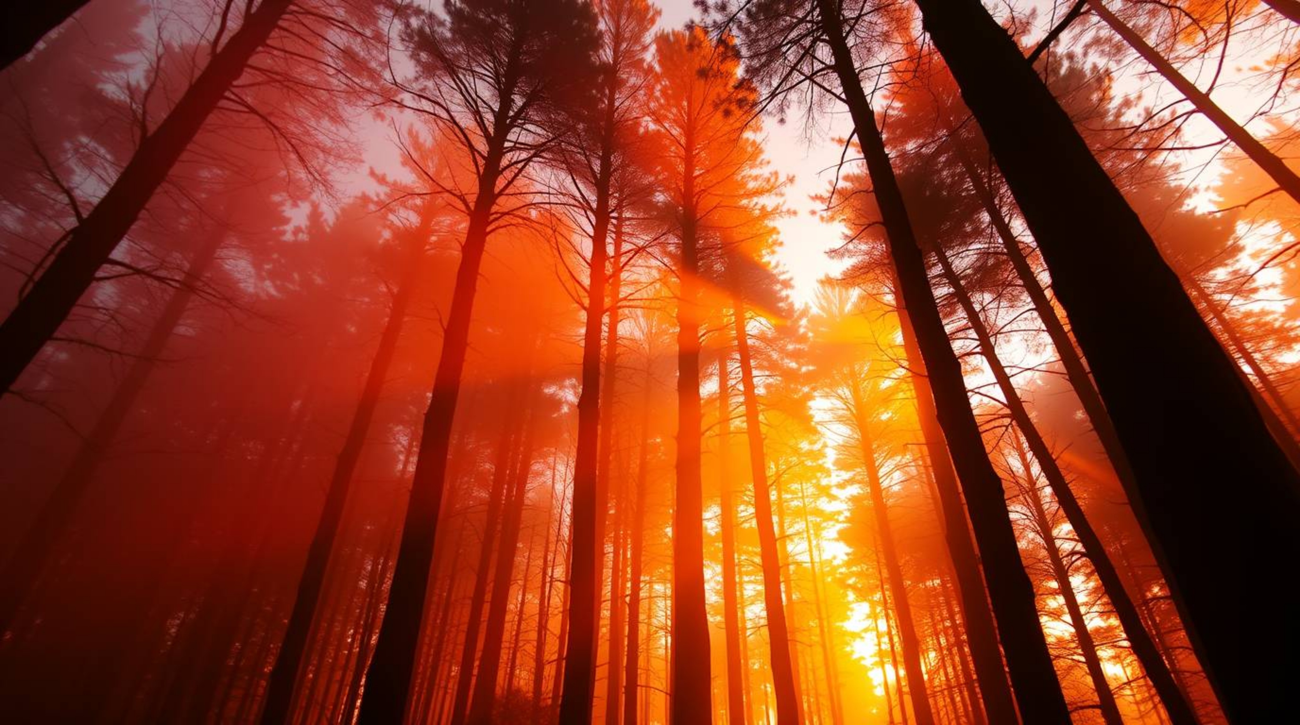 Experience the serene beauty of a forest bathed in the golden hour light. Warm mist rises, illuminated by vibrant reds, orang