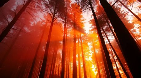 Experience the serene beauty of a forest bathed in the golden hour light. Warm mist rises, illuminated by vibrant reds, orang