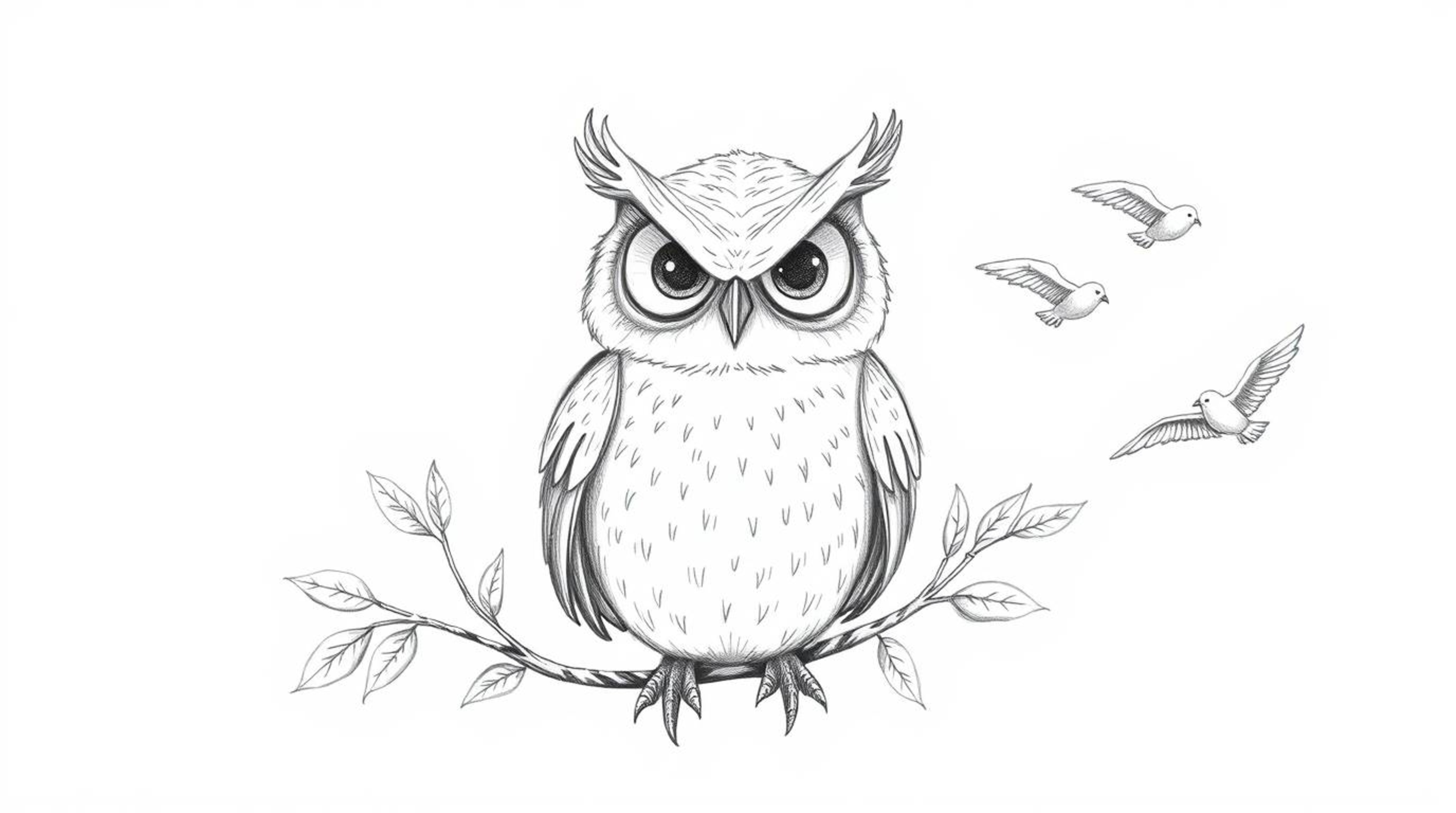 A hand-drawn pencil sketch depicts a wise-looking, blind owl in a Pixar-esque style, characterized by soft, rounded lines and