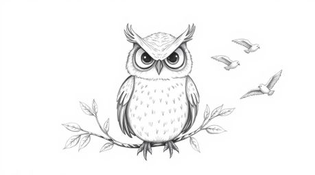 A hand-drawn pencil sketch depicts a wise-looking, blind owl in a Pixar-esque style, characterized by soft, rounded lines and