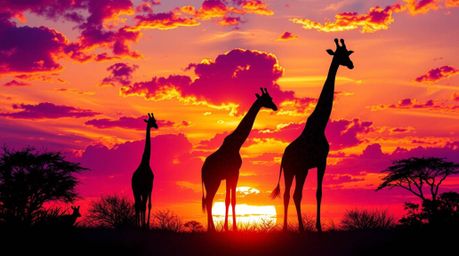 Experience the breathtaking beauty of an African savanna sunset in this vibrant digital painting. Silhouetted giraffes stand 
