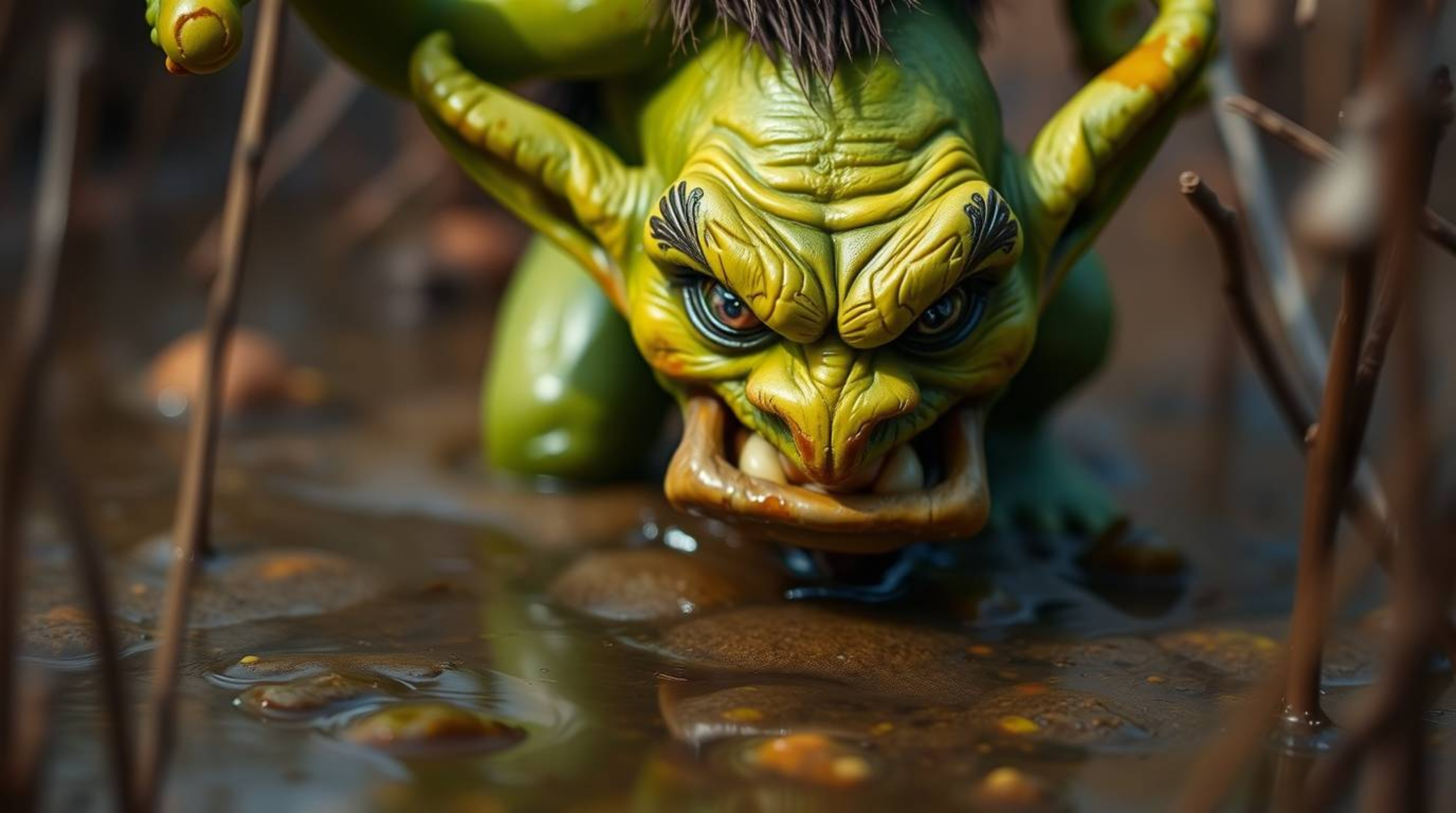 A captivating extreme macro photograph showcases an ogre dancing in a vibrant swamp.  The image boasts complementary colors, 