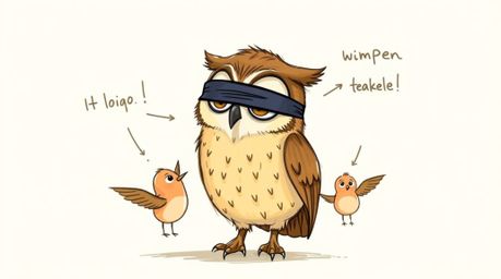 A heartwarming, color sketchnote style hand-drawn sketch depicting a blind owl, reminiscent of Pixar animation, with large ex