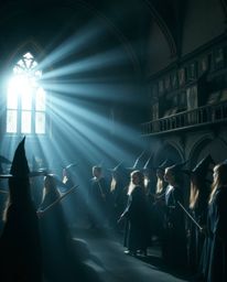 Discover a magical school brimming with young wizards, bathed in the dramatic chiaroscuro lighting.  Experience the ethereal 