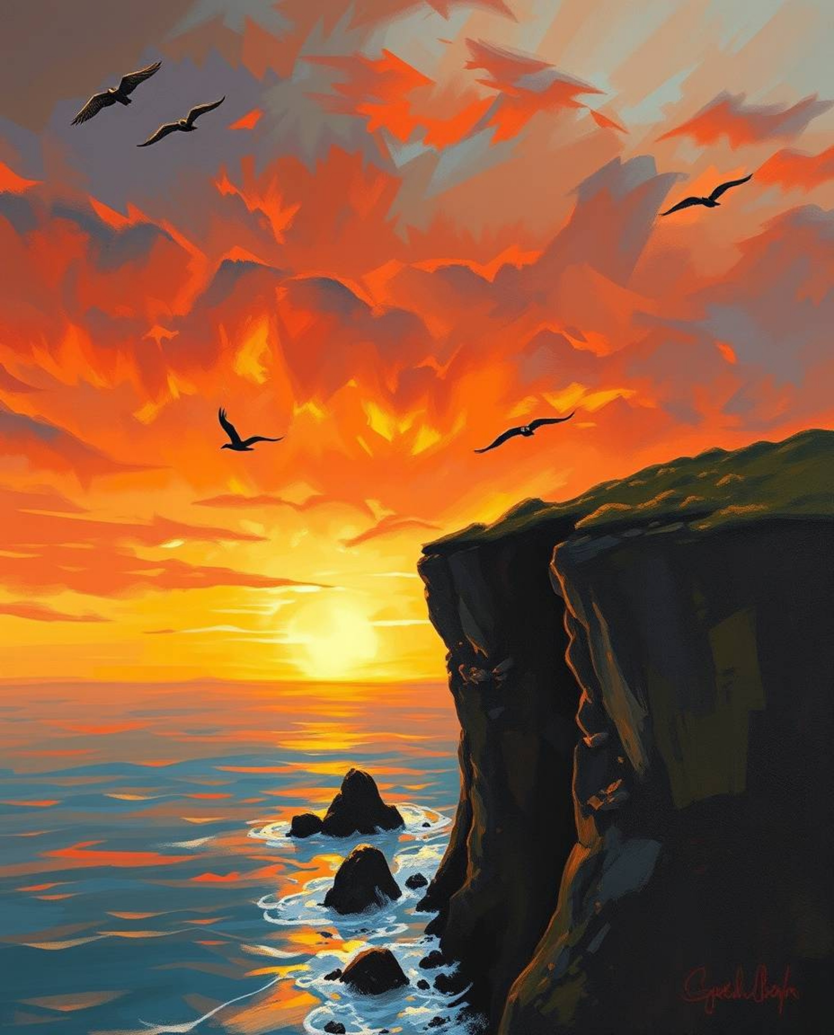 A coastal cliff sunset is beautifully rendered in warm autumnal hues, with soaring birds silhouetted against a fiery sky. Thi