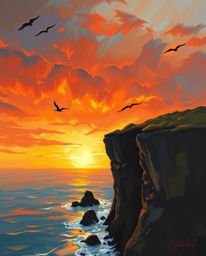 A coastal cliff sunset is beautifully rendered in warm autumnal hues, with soaring birds silhouetted against a fiery sky. Thi