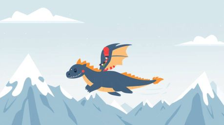 A charming, modern flat-design illustration depicts an adorable dragon and its rider soaring above majestic icy mountains.  C