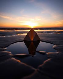 An intricate origami-style image captures a serene sunset sky as its colors are mirrored in the tidal pools on a beach. This 