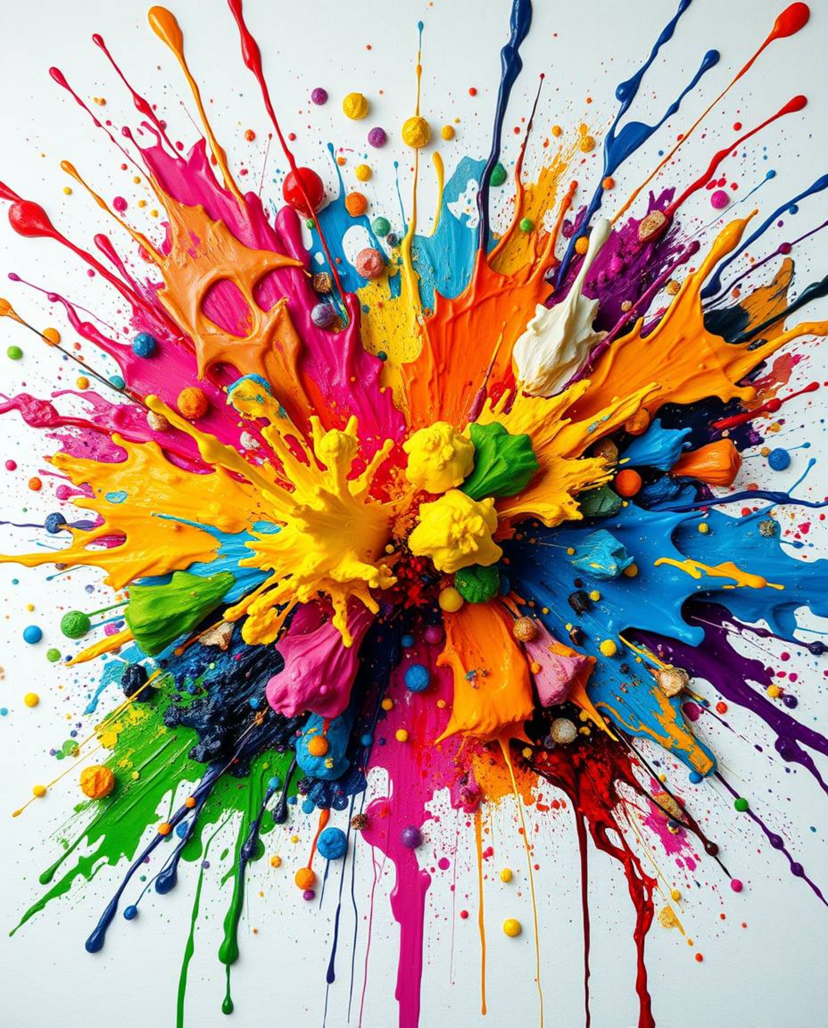 Experience the energy of a high-detail abstract painting showcasing a vibrant explosion of colorful paint splashes on a prist