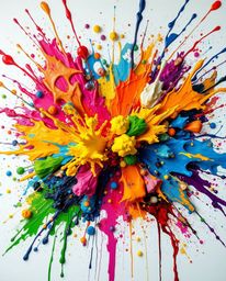 Experience the energy of a high-detail abstract painting showcasing a vibrant explosion of colorful paint splashes on a prist