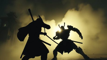 A dramatic, silhouetted low angle perspective shot depicts a samurai locked in fierce combat with a robot in a bleak dystopia