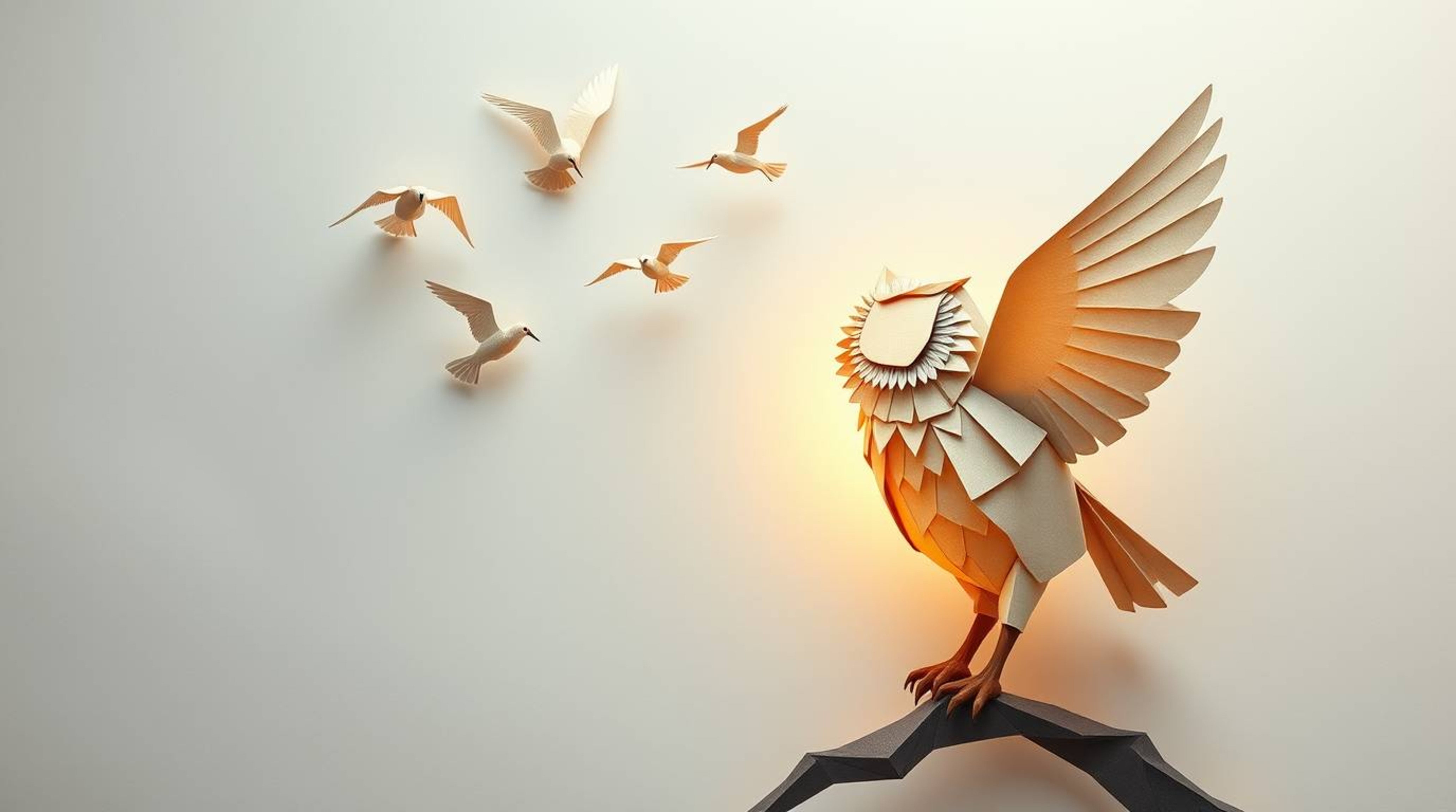 This artwork features an intricate origami-style illustration reminiscent of Pixar's animation style, showcasing a blind owl 