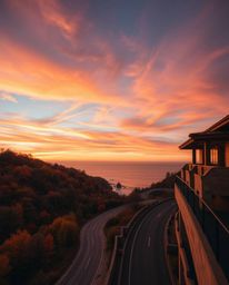 A piece of precise architectural color photography captures a sunset sky over a winding coastal highway. This realistic style