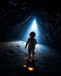 A captivating low-angle photograph showcasing a child gazing upwards, mesmerized by iridescent reflections and dramatic light