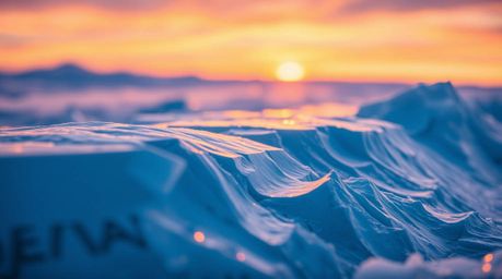 Experience the breathtaking beauty of a sunset over icy polar glaciers in this extreme macro close-up. Witness the intricate 