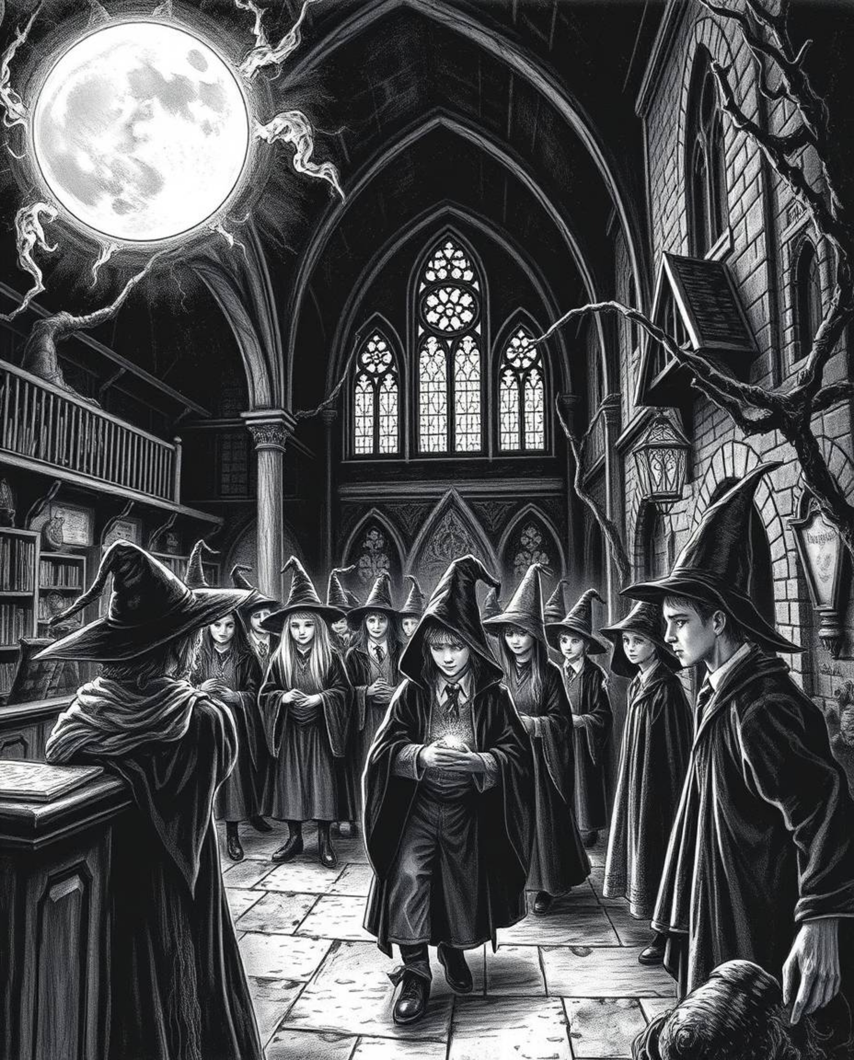 Immerse yourself in a classic black and white illustration depicting an eerie and creepy atmosphere within a magical school t