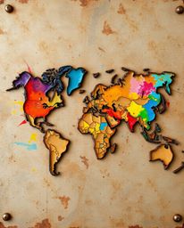 Explore the world through art with this captivating cast bronze world map featuring vibrant complimentary colors and abstract