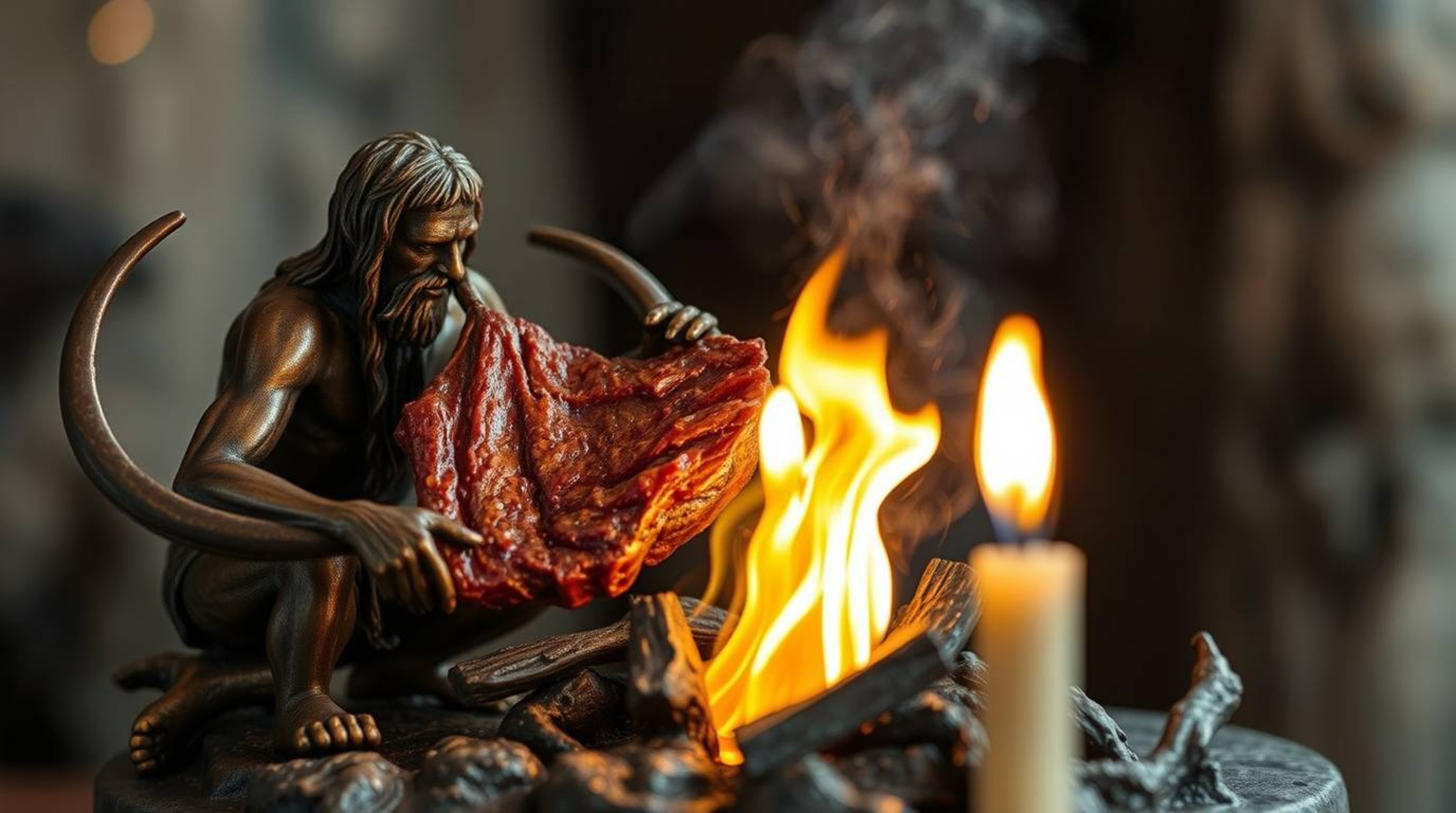 A captivating bronze sculpture depicting a caveman dynamically cooking mammoth meat over a fire.  The antique patina finish a