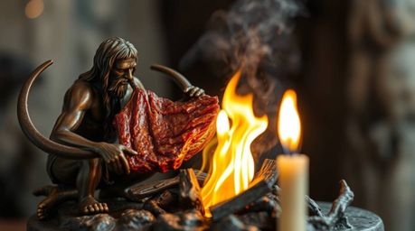 A captivating bronze sculpture depicting a caveman dynamically cooking mammoth meat over a fire.  The antique patina finish a
