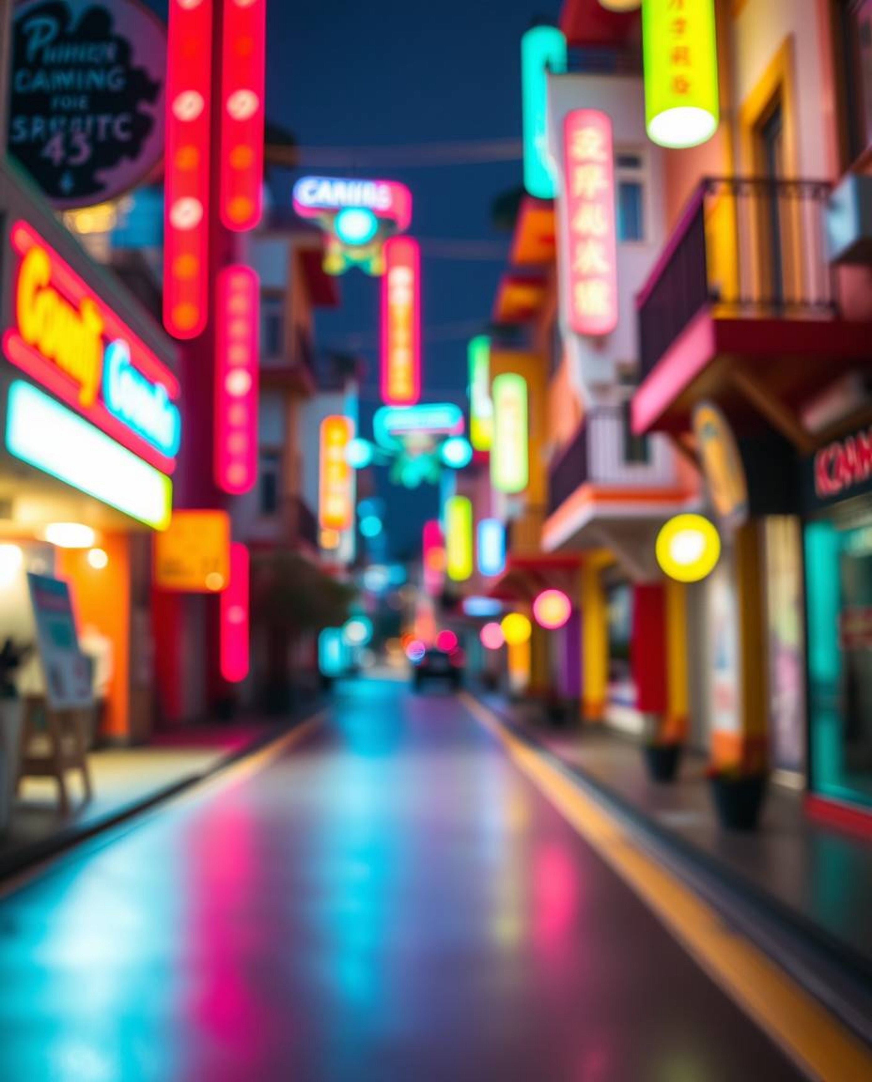 Immerse yourself in a surreal street scene featuring electric colors and a blurred bokeh effect. Buildings fold and twist in 