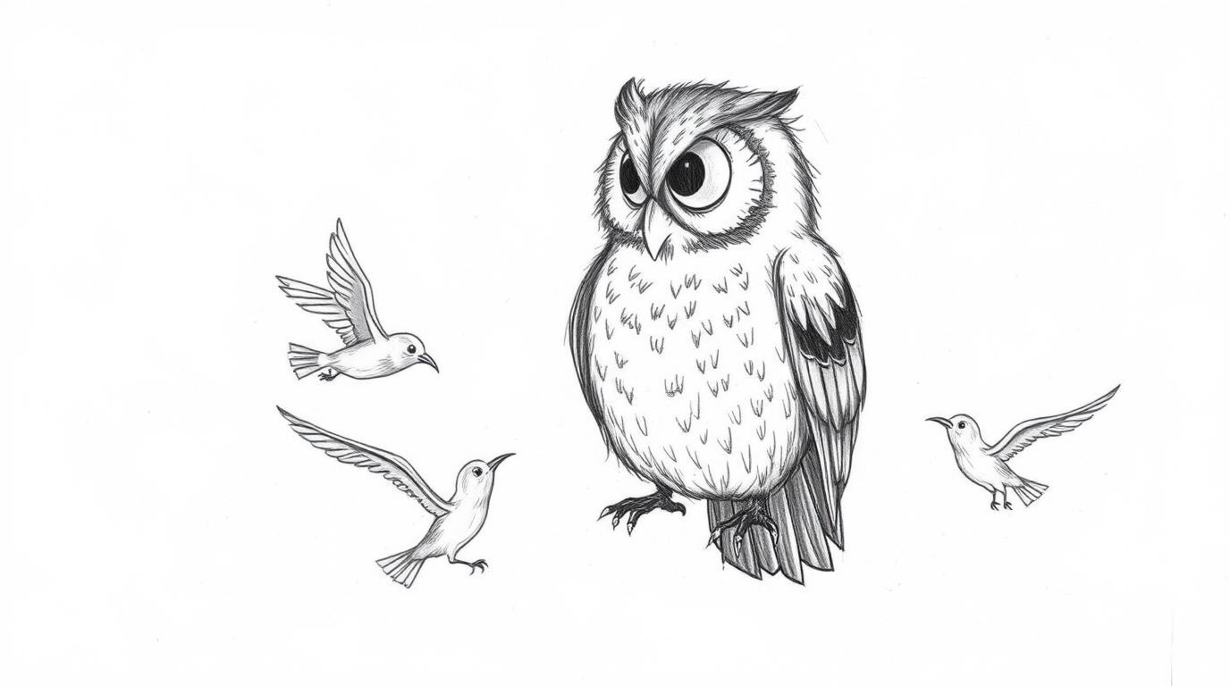 A Pixar-esque, hand-drawn sketch depicts a blind owl with textured pencil feathering, calmly teaching young birds how to fly.