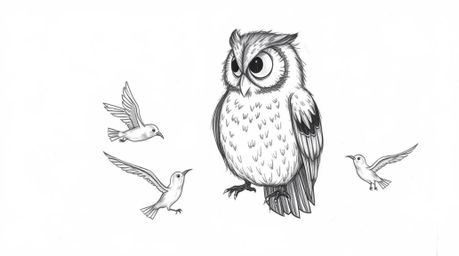 A Pixar-esque, hand-drawn sketch depicts a blind owl with textured pencil feathering, calmly teaching young birds how to fly.