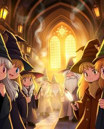 Immerse yourself in a world of warm golden hour light illuminating a magical school filled with adorable and cute young wizar